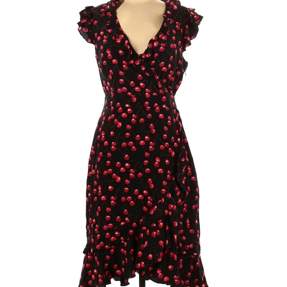 J Crew Black Silk Ruffle Wrap Cherry Dress, 10